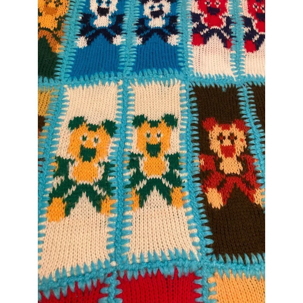 Rare Style Vintage Kids Knit Sweater Crocheted Bears Blanket Multicolored 42 x 6